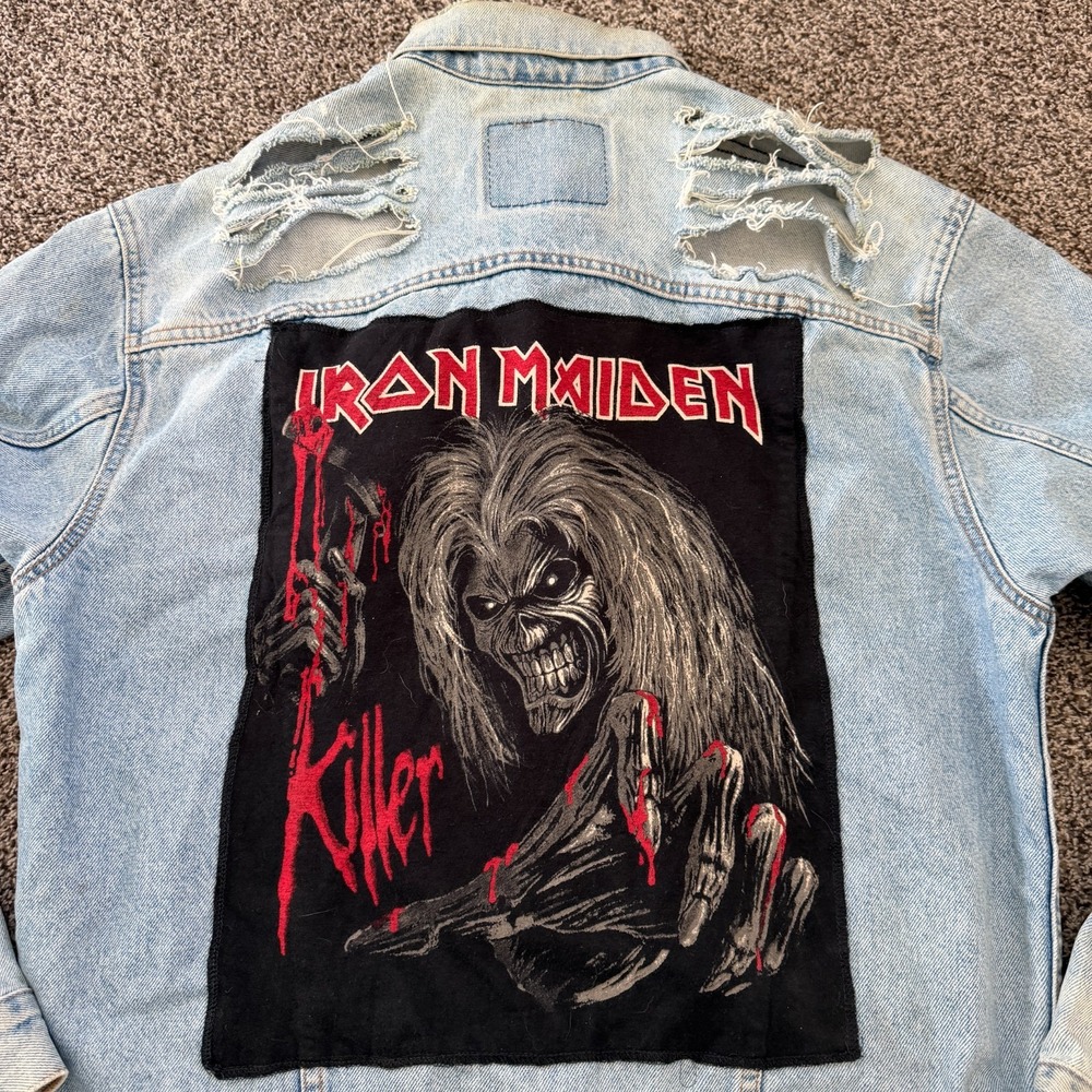 VTG Y2K Levi's Denim Jacket Men's Large Trucker Distressed Thrashed Iron Maiden